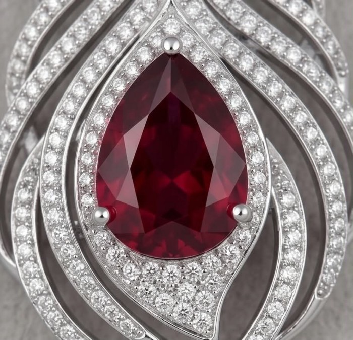 Precious Magic Feather 10.2 carat Ruby .925 Sterling Silver .925 Sterling Silver Statement Necklace - Close-up of ruby and diamond in feather design on sterling silver.