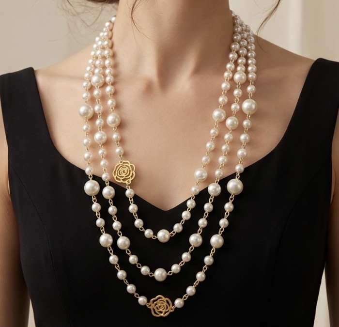 Sublime 60 inches long FRESH WATER PEARL 10k Gold over .925 Sterling Silver handmade Necklace - Pearl necklace with gold accents worn on a model in black dress