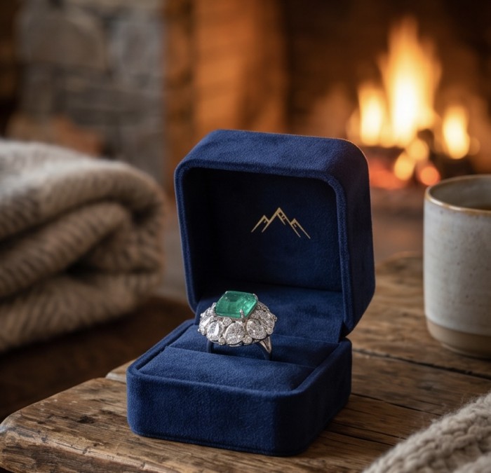Elizabeth princess cut 14.8 carat Colombian Emerald 12.3 carat Moissanite .925 Sterling Silver dipped in Rhodium handcrafted Ring size 6 - Emerald ring in box by the fireplace, top view.