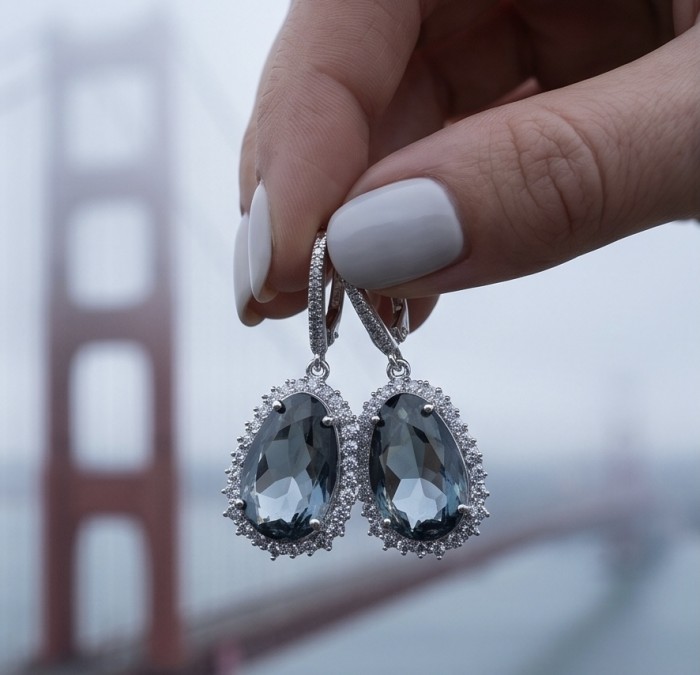 Stella 14.9 carat authentic London Blue Topaz .925 Sterling Silver Handcrafted Earrings - Front view of Stella earrings with London Blue Topaz and sterling silver.
