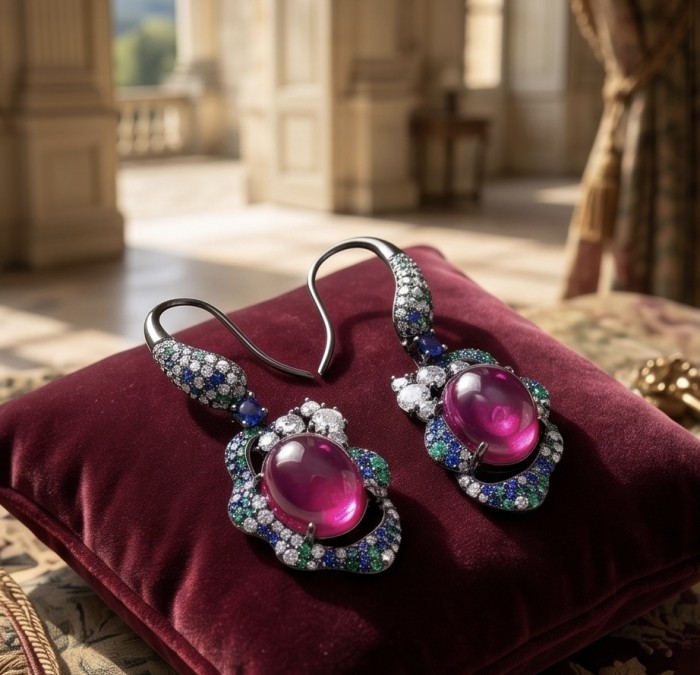 Exquisite 10.4 ctw Ruby 1.2 carat pave Emerald .925 Sterling Silver dipped in black rhodium handcrafted Statement earrings - Elegant ruby and emerald earrings on a velvet cushion, close-up view.