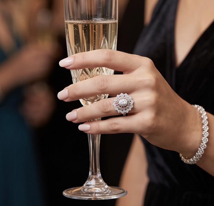Luxurious - 6.2 carat White Topaz Sterling Silver handcrafted ring size 7 1/4 - Luxurious white topaz ring and bracelet, worn on hand holding champagne.