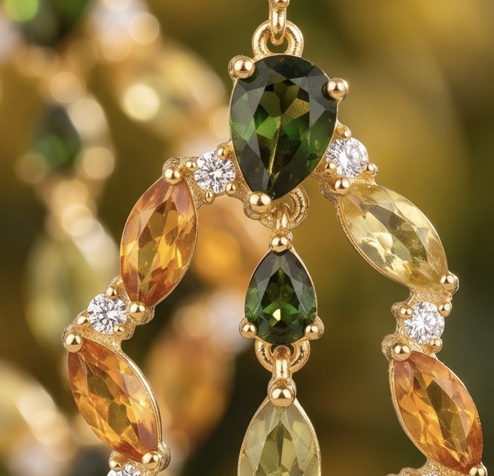 Romantica Authentic 10.5 carat Brazilain Citrine .925 Sterling Silver dipped in 18K Gold brilliantly handcrafted earrings - Close-up of gold earrings with green and orange gemstones and diamonds.