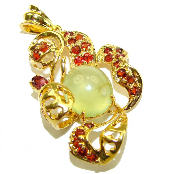 Wise Bliss Authentic 8.6 carat Prehnite Ruby 14K Gold over .925 Sterling Silver handmade Pendant - Ornate prehnite and ruby pendant with gold detail, angled top view.