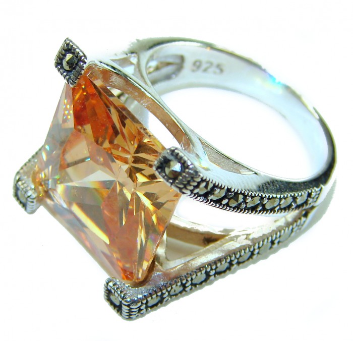 Pure Celestial energy Natural 14.4 carat Golden Topaz Marcasite .925 Sterling Silver handmade Large Statement Ring size 8 - Close-up of golden topaz ring with marcasite, angled side view.