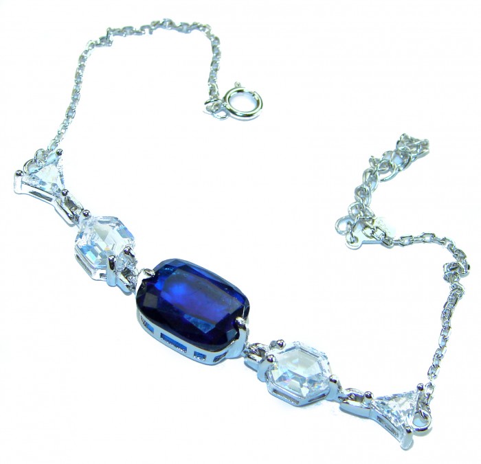 Tiffany 8.2 carat authentic Sapphire .925 Sterling Silver handcrafted Statement Bracelet - Tiffany Sapphire bracelet, top view, .925 Sterling Silver with chain clasp.