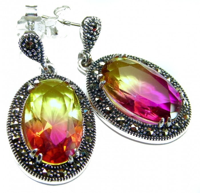 Tiffany 17.5 carat Ametrine Marcasite .925 Sterling Silver HANDCRAFTED Earrings - Close-up of Tiffany ametrine earrings with marcasite in sterling silver