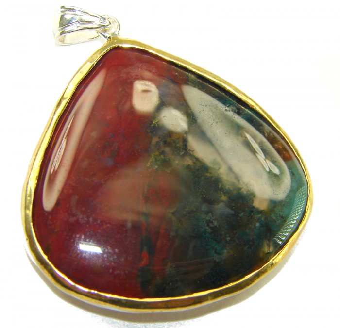 Deluxe 35.2 carat Moss Prehnite .925 Sterling Silver dipped in 14K Gold handmade Large Pendant - Close-up of Moss Prehnite pendant with Sterling Silver and gold accent