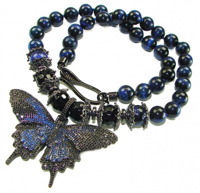 101.8 grams Blue Butterfly Rare Unusual Deep Blue Cats Eys Beads black rhodium over .925 Sterling Silver NECKLACE - Blue butterfly necklace with deep blue cat's eye beads, full view.