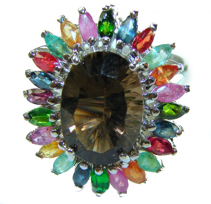 Serenity 10.5 carat Champagne Smoky Topaz .925 Sterling Silver HUGE Ring size 8 1/2 - Close-up of Serenity ring with colorful gems and central Smoky Topaz