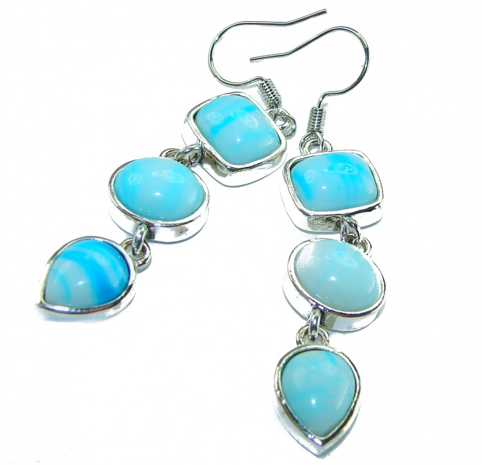 Precious Blue Larimar .925 Sterling Silver handmade earrings - Blue Larimar earrings, front view, silver setting, dangling design