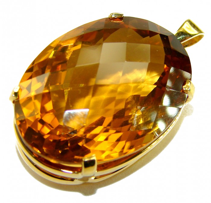 Luxury genuine 37.9 CARAT oval cut Champagne Topaz .925 Sterling Silver dipped in 22K Gold handmade Pendant - Close-up of luxury 37.9 carat oval cut champagne topaz pendant.