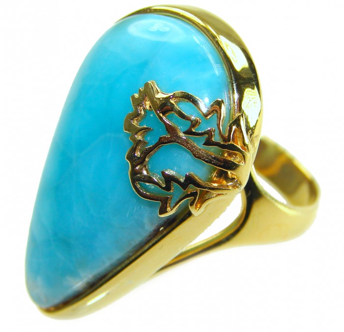 Blue Perfection Top QUALITY Blue Larimar 18K Gold over .925 Sterling Silver handmade Large ring size 8 1/4 - Close-up of blue Larimar ring with gold leaf detail.