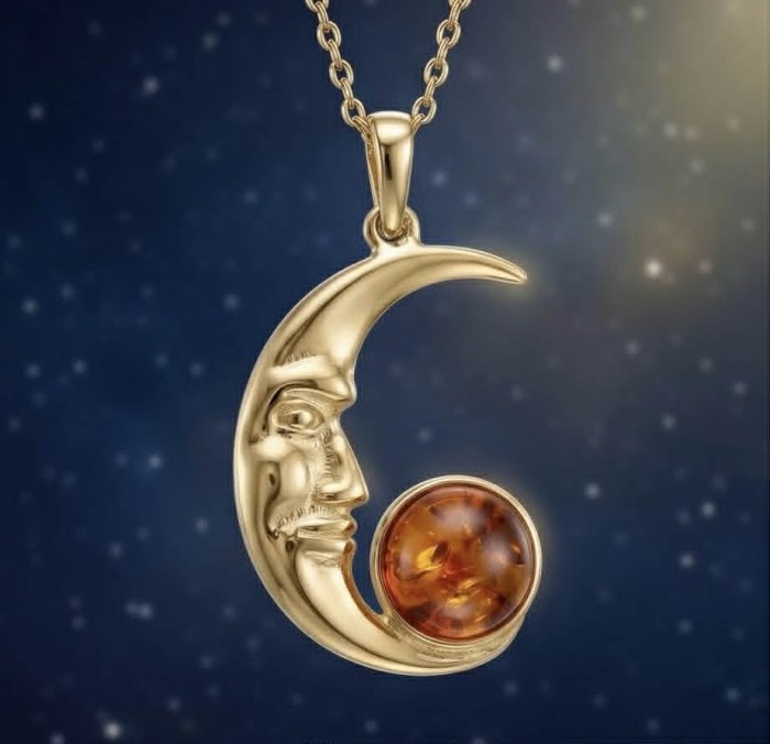 Golden Moon Prehistoric Authentic Baltic Amber 18K Gold over .925 Sterling Silver beautifully handcrafted Pendant - Gold crescent moon with amber, front view on starry background.