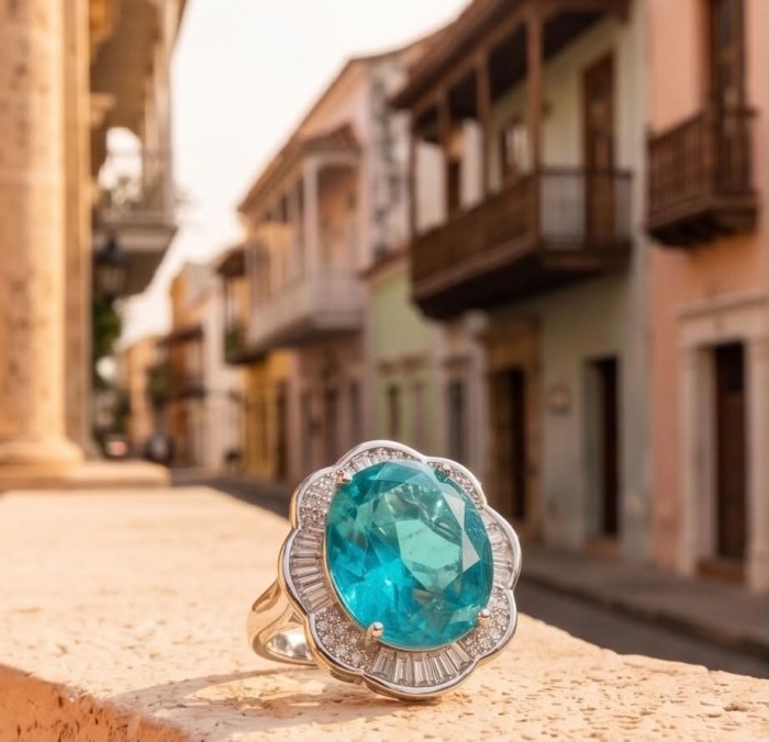 ART DECO Deep Blue 22.8 carat Paraiba Tourmaline .925 Sterling Silver handcrafted ring size 6 - Close-up of a Paraiba Tourmaline ring on a stone ledge in a scenic street.