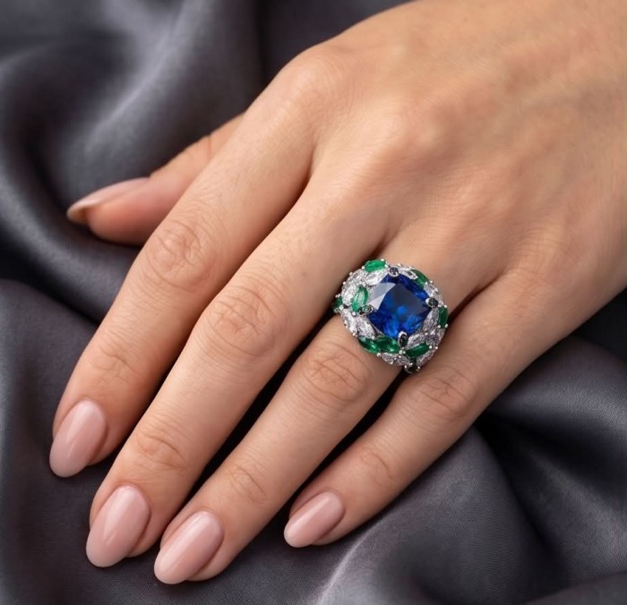 Nautilius 29.2 carat authentic Sapphire Chrome Diopside .925 Sterling Silver handcrafted Statement Ring size 7 1/4 - Nautilius Sapphire ring worn on hand, showcasing the centerpiece stone.