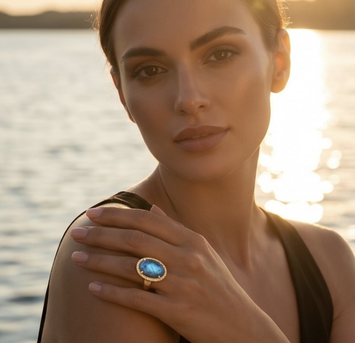 Shimmering Natural faceted Labradorite .925 Sterling Silver dipped in 18K Gold handcrafted Large ring size 8 1/4 - Woman wearing labradorite ring, sunset background