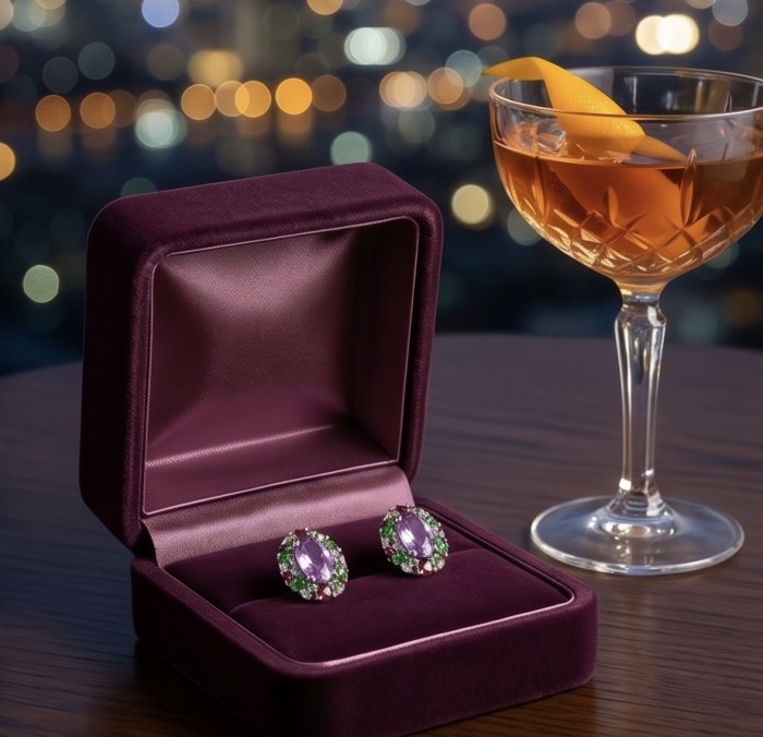 Lavender Beauty authentic 12.2 carat Amethyst .925 Sterling Silver dipped in rhodium handcrafted earrings - Lavender Beauty Amethyst earrings in velvet box with cocktail in backdrop.