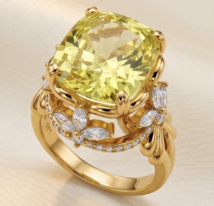Authentic princess cut 18.8 carat yellow Sapphire 22K Gold over .925 Sterling Silver handmade Ring s. 7 - Close-up of yellow sapphire ring with intricate gold and diamond setting.