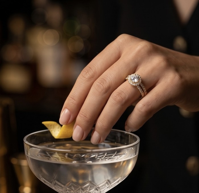 Precious Natural 3.4 carata White Topaz 18k Gold over .925 Sterling Silver ring size 8 - Hand with 3.4 ct White Topaz ring, adding lemon twist to cocktail