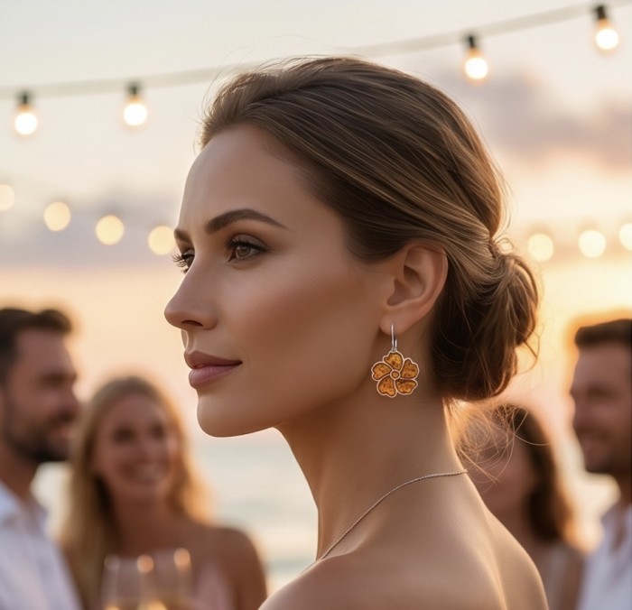 Serenity - Authentic Baltic Amber .925 Sterling Silver handcrafted earrings - Side view of woman wearing Serenity Baltic Amber flower earrings