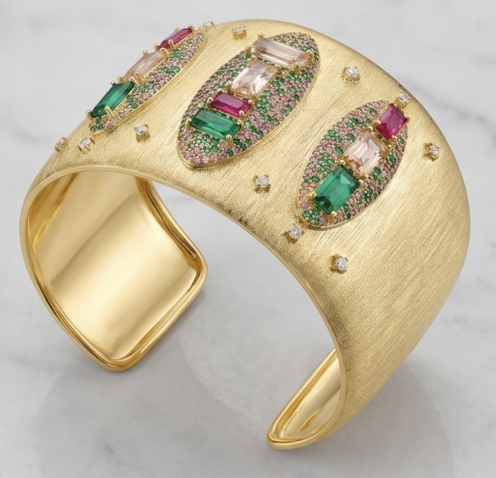 Byzantine design Authentic Topaz 18K Gold over .925 Sterling Silver handcrafted Bracelet / Cuff - Gold cuff bracelet with colorful stones, top view.