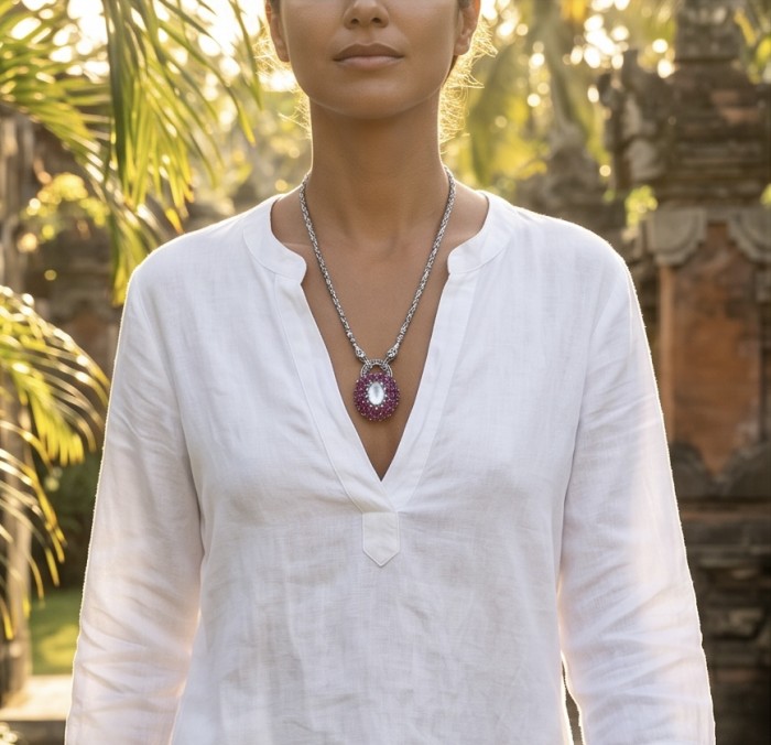 Isabella - Rare finding- 17.9 carat Rose Quartz Ruby .925 Sterling Silver handcrafted Statement Necklace - Necklace with rose quartz and ruby, worn at chest level, front view.