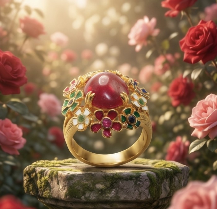 Blooming Garden Genuine 10.5 carat Kashmir Ruby enamel .925 Sterling Silver dipped in 22K Gold Large Statement Ring size 6 3/4 - Blooming Garden ring with floral details and Kashmir ruby, displayed on a pedestal.