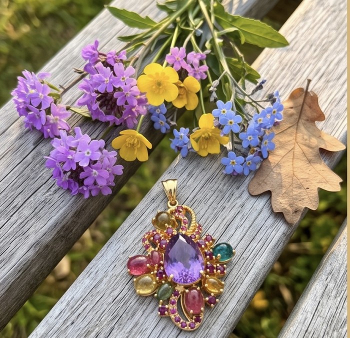 Divine Protection 25.8 carat Precious Amethyst .925 Sterling Silver dipped in 18K Gold handcarfted Pendant - Amethyst pendant on wood with colorful flowers and oak leaf, top view.