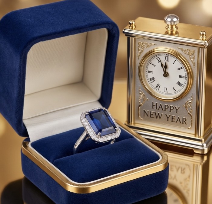 Stella emerald cut 4.5 carat Sapphire .925 Sterling Silver handmade Statement ring size 6 - Emerald cut sapphire ring in box with New Year clock, front view.