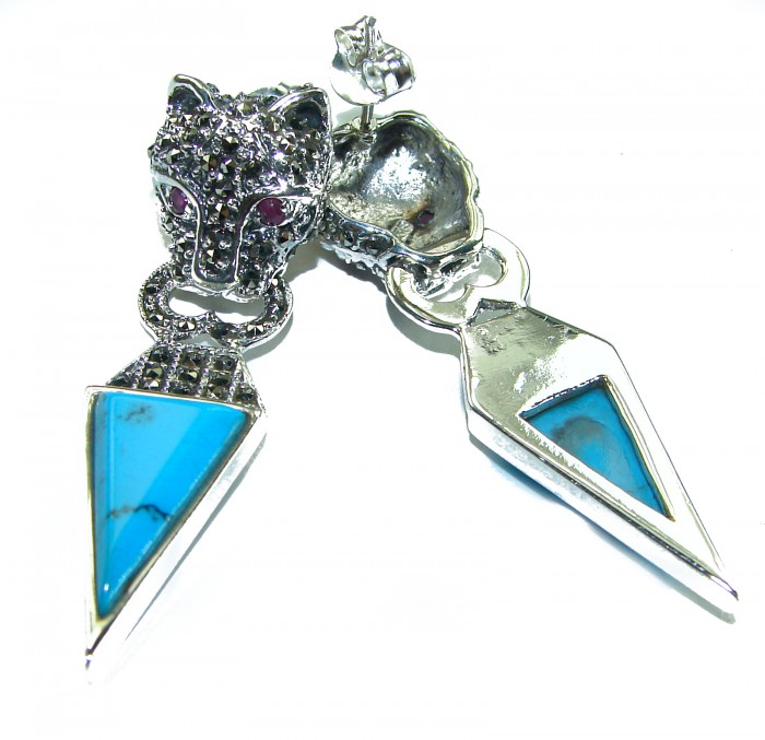 Spectacular Blue Cheetah inlay Turquoise .925 Sterling Silver handcrafted Earrings - Close-up of cheetah turquoise earrings in sterling silver.