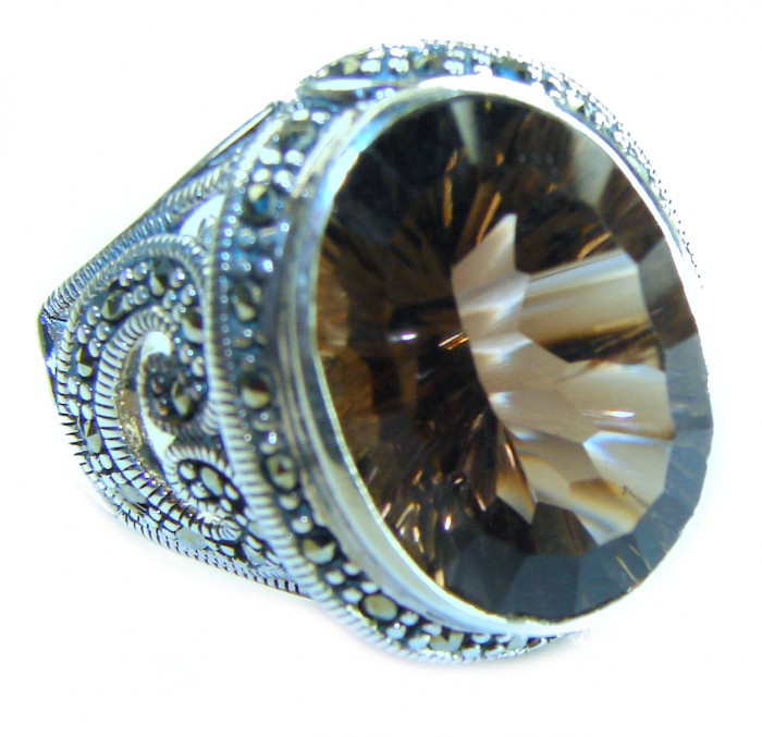 24.8 carat Authentic Smoky Topaz .925 Sterling Silver handcrafted Large ring size 7 - Close-up of Smoky Topaz ring with intricate .925 Sterling Silver design