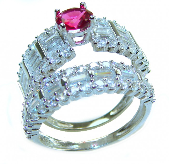 2.5 carat Ruby .925 Sterling Silver handcrafted ring; s. 7 adjustable - Close-up of 2.5 carat ruby and silver ring with side view detail.