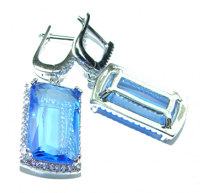 Eau Pure 14.5 carat Swiss Blue Topaz .925 Sterling Silver Handcrafted Earrings - Close-up of Swiss Blue Topaz earrings in sterling silver settings
