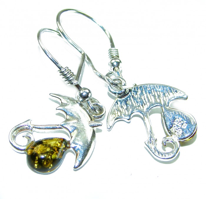 Umbrellas Genuine Baltic Amber .925 Sterling Silver handcrafted Earrings - Close-up of umbrella-shaped amber and sterling silver earrings.