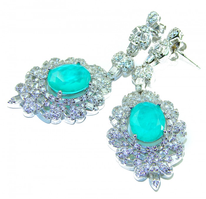 Pure Luxury 12.2 carat natural Colombian Emerald .925 Sterling Silver handmade Statement earrings - Close-up of Colombian emerald earrings with diamond accents