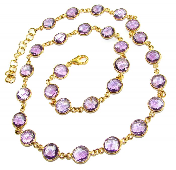 A Heritage in Bloom - Italy made 28.5 carat Amethyst .925 Sterling Silver dipped in 18K Gold handmade necklace - Gold chain necklace with purple amethyst stones, top view.
