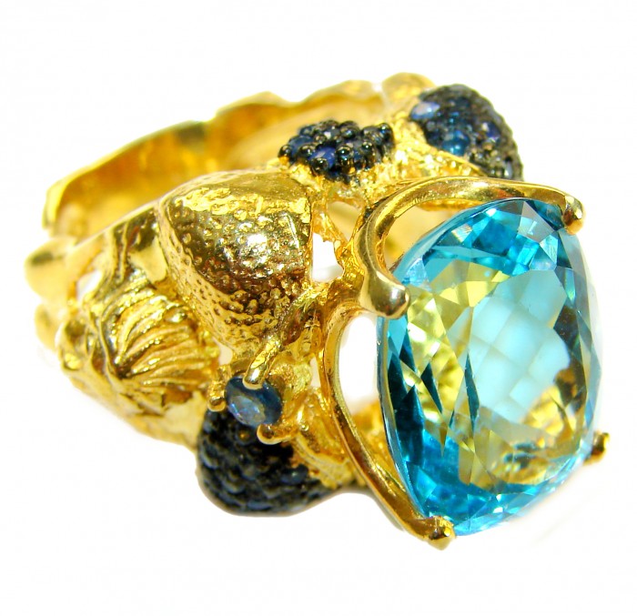 Poseidon 24.8 carat Swiss Blue Topaz 0.7 carat Black Diamond .925 Sterling Silver dipped in 22K Gold handcrafted Large ring size 7 - Close-up of Poseidon ring with blue topaz and black diamonds details