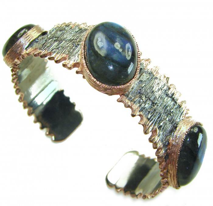 Authentic Silky Labradorite 18K Gold Rhodium over .925 Sterling Silver handmade Bracelet / Cuff - Side view of labradorite bracelet with 18K gold and rhodium details.
