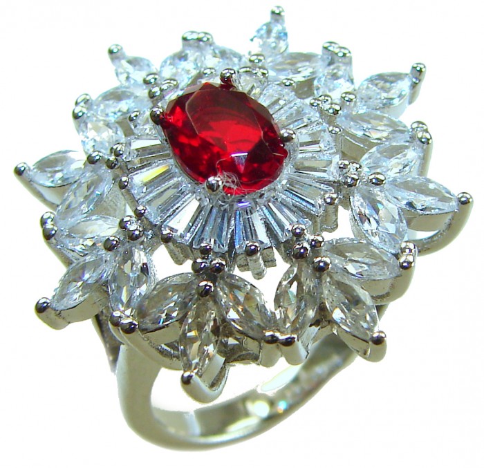 Bella Rosa Genuine 10.5 CARAT Ruby .925 Sterling Silver Large Statement Ring size 6 1/4 - Ruby ring close-up showing gemstone and intricate setting details