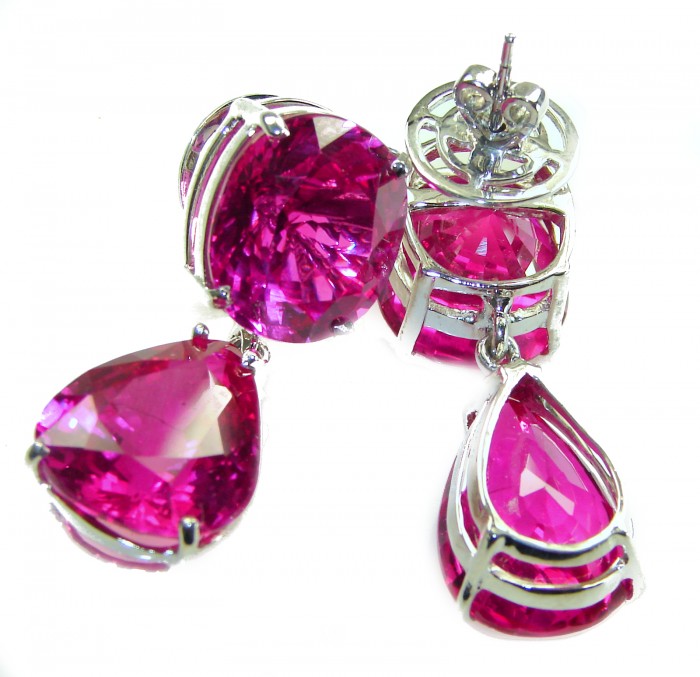 Tiffany - authentic 44.8 carat Pink Sapphire .925 Sterling Silver handcrafted Statement Earrings - Close-up of pink sapphire and sterling silver earrings.