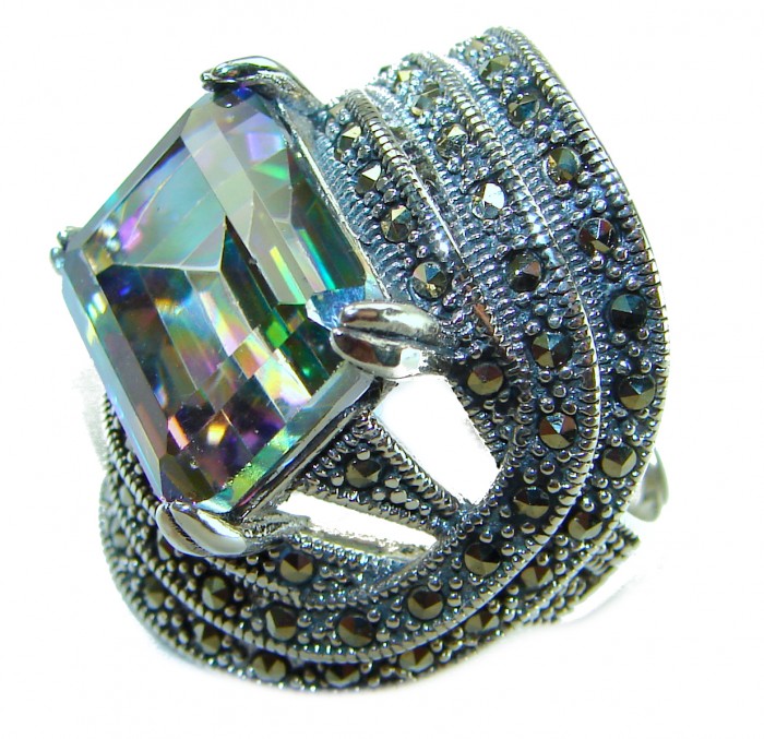 Big Dreamer Massive 17.8 carat Mystic Topaz .925 Sterling Silver handcrafted Large ring size 7 - Close-up of Mystic Topaz ring with intricate sterling silver band.