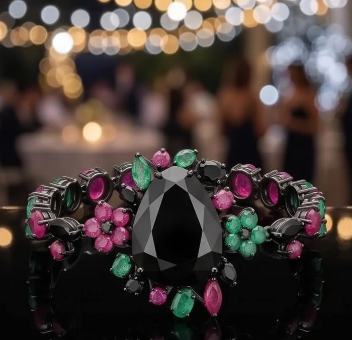 Mystery 82.2 carat authentic Ruby Black rhodium over .925 Sterling Silver handcrafted Statement Bracelet - Close-up of Mystery 82.2 carat ruby bracelet with black rhodium over .925 S.