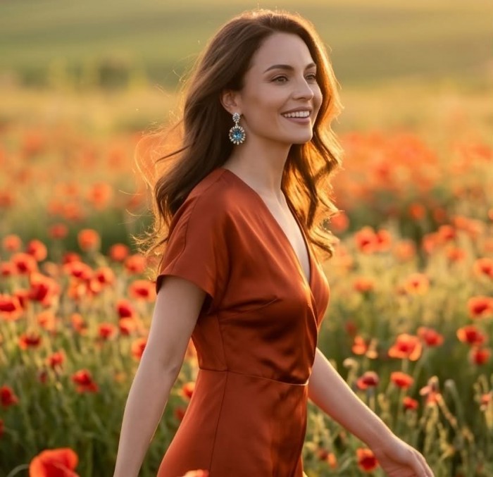 Atlantica 33.7 carat Swiss Blue Topaz .925 Sterling Silver dipped in rhodium Handcrafted Statement earrings - Woman wearing Atlantica Swiss Blue Topaz earrings in a poppy field