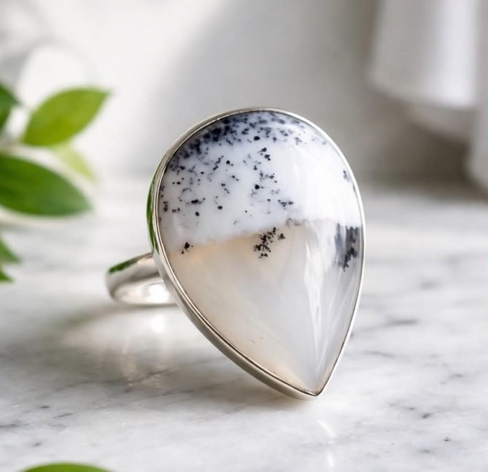 Top Quality Dendritic Agate .925 Sterling Silver handcrafted Large Ring s. 7 adjustable - Close-up of dendritic agate ring in .925 sterling silver setting.