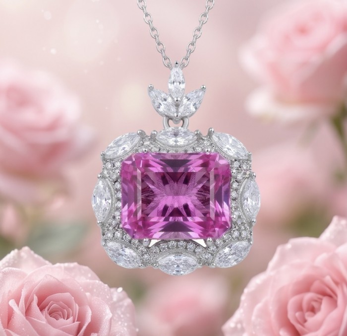 Vintage style boquette cut 12.8 carat Pink Sapphire .925 Sterling Silver DIPPED IN RHODIUM handmade Pendant - Close-up of vintage style pink sapphire pendant among roses