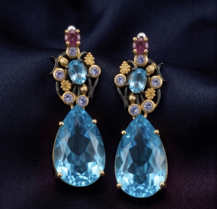 Atlantica 18.7 carat Swiss Blue Topaz BLACK RHODIUM OVER and 18k Gold .925 Sterling Silver Handcrafted Statement earrings - Elegant dangling earrings with blue topaz and gemstone details