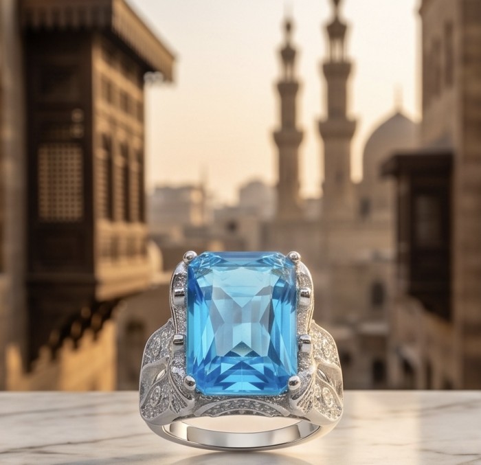 Blue OCEAN 14.3 carat Swiss Blue Topaz .925 Sterling Silver dipped in rhodium handcrafted ring size 7 1/2 - Close-up of Blue OCEAN Swiss Blue Topaz ring on .925 Sterling Silver