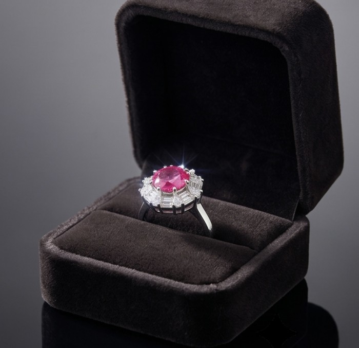 Art Deco - Emily 4.8 carat Brazilian Pink Topaz .925 Sterling Silver Handcrafted Statement Ring size 8 - Pink topaz ring in a velvet box, angled view, with a sparkling stone.