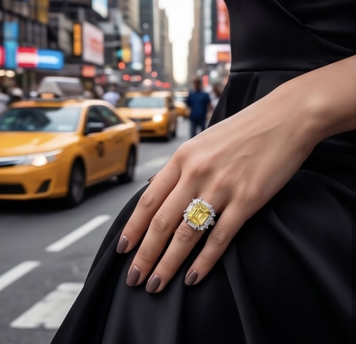 Art Deco - Luxurious assher cut 15.7 carat Yellow Sapphire 18K Gold over .925 Sterling Silver handcrafted Ring s. 8 1/4 - Yellow sapphire ring worn on hand with city street background.